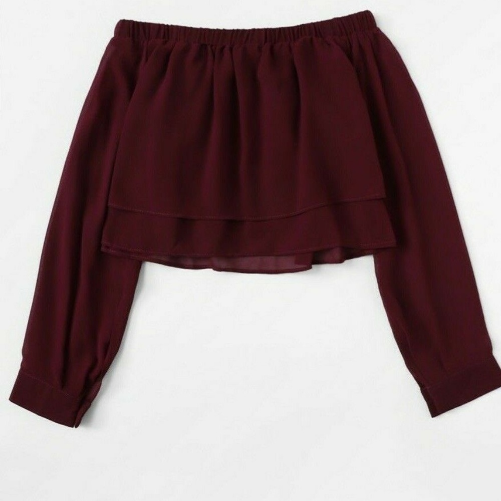Off Shoulder Long Sleeve Chiffon Cropped Top - Picture 3 of 8